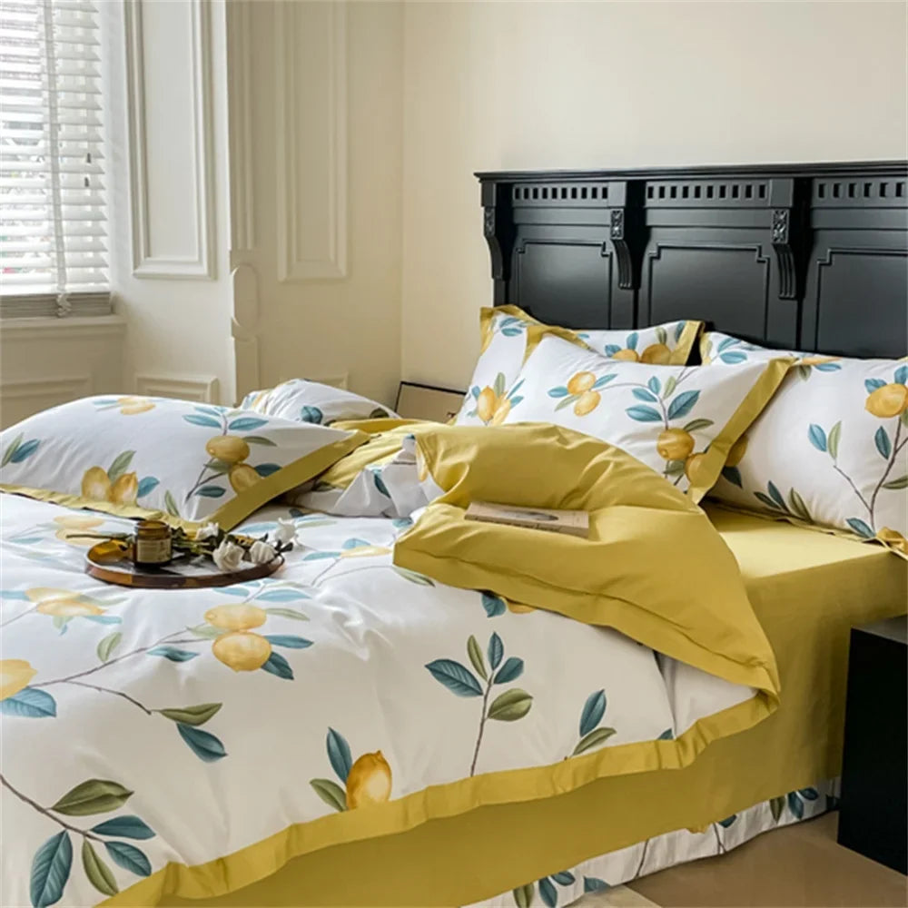 Svetanya amarelo limão frutas frescas conjunto de cama cetim algodão egípcio capa edredão conjunto rainha rei tamanho lençóis fronhas